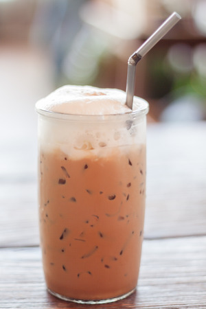 Iced Mocha Coffee in glass on the tableの写真素材
