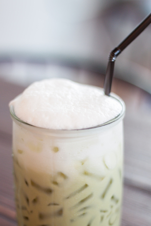 Iced green tea with microfoam, stock photoの写真素材