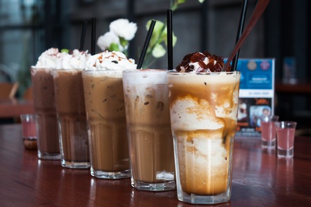 Five different kind of iced coffee in coffee shopの写真素材