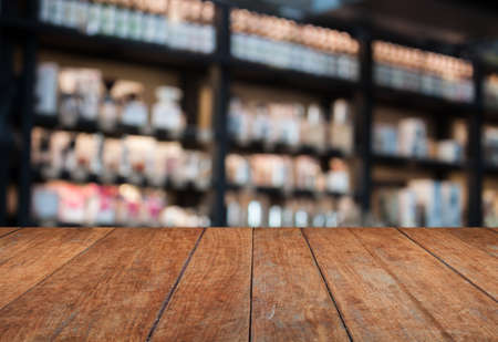 Perspective top wooden with blurred cafe background. product display templateの写真素材
