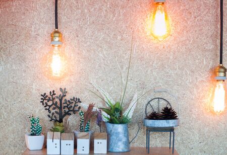 Vintage lighting decorated on brown background, stock photoの写真素材