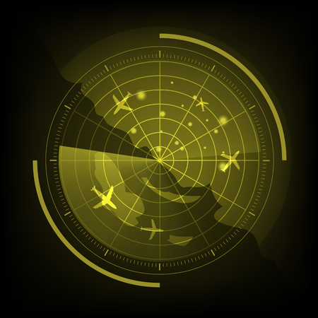 Yellow radar screen with airplane and map, stock vectorのイラスト素材