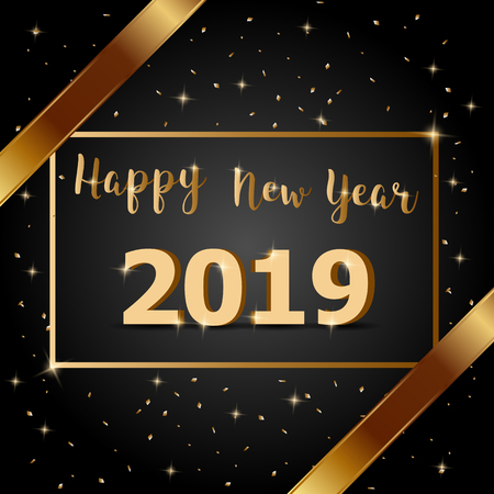 Golden bow Happy New Year 2019 with dark background, stock vectorのイラスト素材