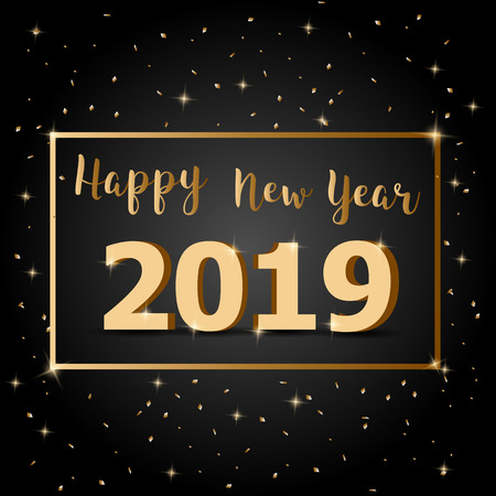 Golden Happy New Year 2019 with dark background, stock vectorのイラスト素材