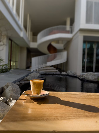 Hot coffee on wooden table, stock photoの写真素材
