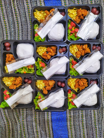 Plastic containers with different types of food. Top view.の写真素材