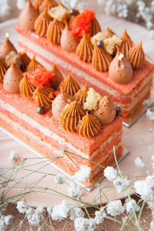 Cake pieces decorated with flowersの写真素材