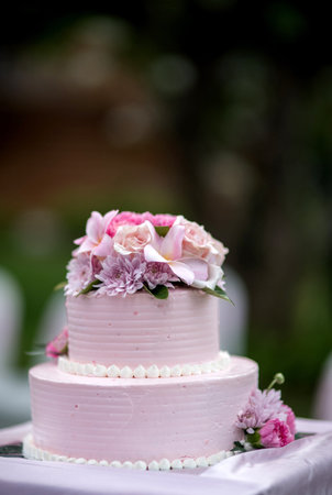Beautiful wedding cake, close up of cake and blur background, selective focus.の写真素材