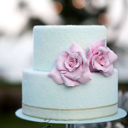 Beautiful wedding cake, close up of cake and blur background, selective focus.の写真素材