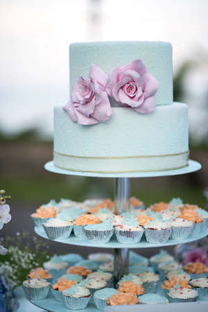 Beautiful wedding cake, close up of cake and blur background, selective focus.の写真素材