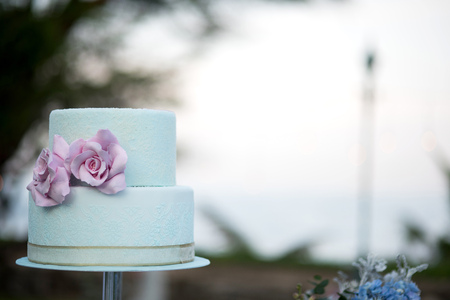 Beautiful wedding cake, close up of cake and blur background, selective focus.の写真素材
