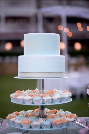 Beautiful wedding cake, close up of cake and blur background, selective focus.の写真素材