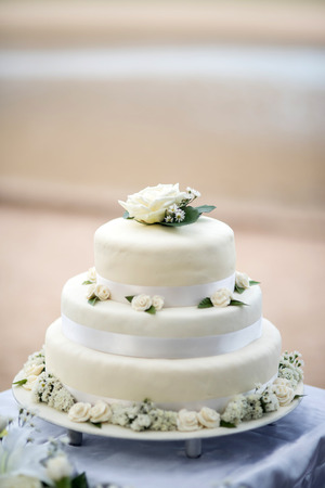 Beautiful wedding cake, close up of cake and blur background, selective focus.の写真素材