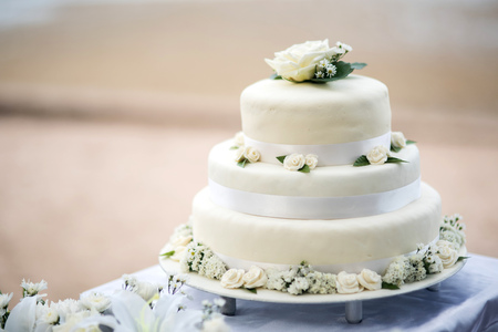 Beautiful wedding cake, close up of cake and blur background, selective focus.の写真素材