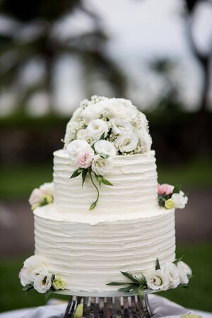 Beautiful wedding cake, close up of cake and blur background, selective focus.の写真素材