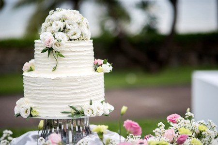 Beautiful wedding cake, close up of cake and blur background, selective focus.の写真素材