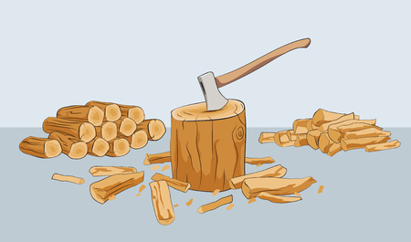 Chopped firewood logs with stump and axeのイラスト素材