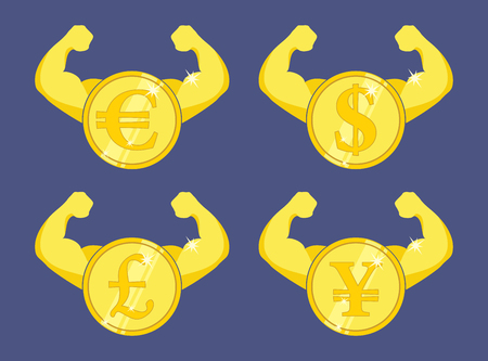Strong currency icon. Coin with strong arms â?? increasing currency conceptのイラスト素材