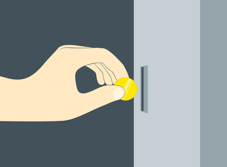 Hand insert coin or chip in vending machine slot. Vector illustrationのイラスト素材
