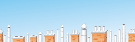 Chimneys on roofs of city houses banner. Chimney seamless border. Sky above roofs.Vector illustrationのイラスト素材