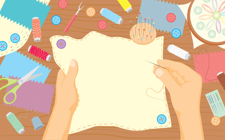 Sewing workshop. Needlework class for kids top view background.のイラスト素材