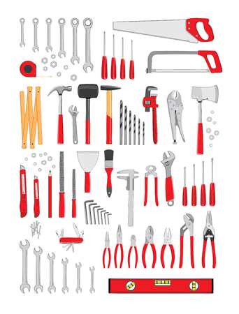 Working tools set on white background. Repair and construction tools collection. Do it yourself project. Isolated vector illustrationのイラスト素材