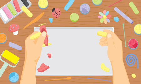 Modeling workshop. Kids craft modeling top view background. Education and enjoyment concept. Flat vector illustrationのイラスト素材