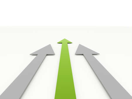 Three arrow rendered one is green on white backgroundの写真素材