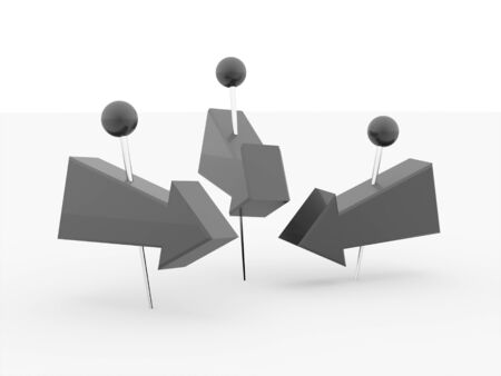 Three black arrows pierced with push pins rendered on white backgroundの写真素材
