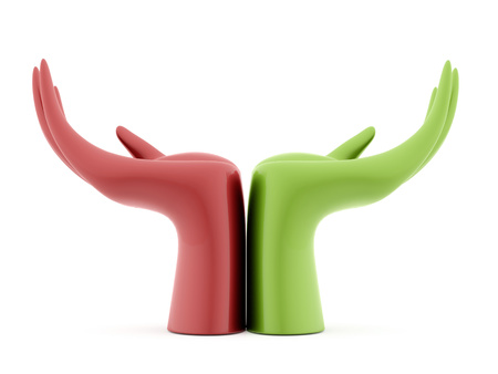 Two hands art concept one is green and one red rendered and isolated on white backgroundの写真素材