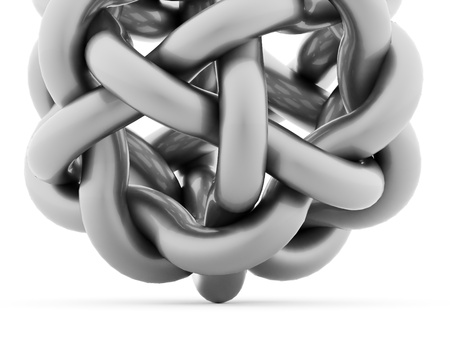 Silver abstract curved sphere from tube renderd on white backgroundの写真素材