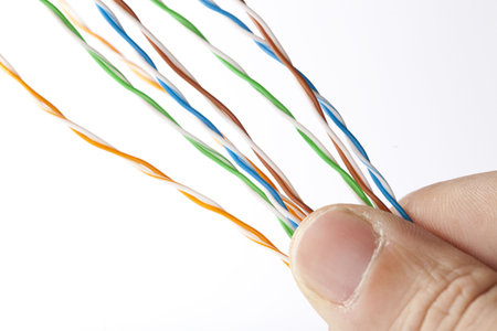 hand holding cable wires on white background