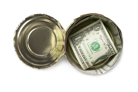canned dollars isolated on white background  の写真素材