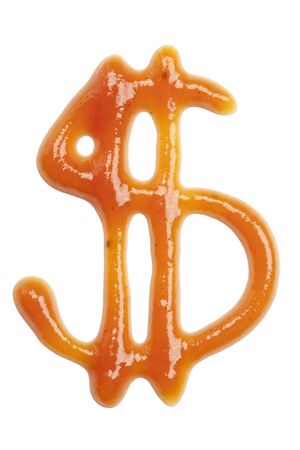 ketchup dollar symbol, isolated on white backgroundの写真素材