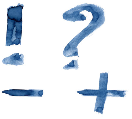 Grunge handwritten ink alphabet, isolated on white background. Punctuation marks