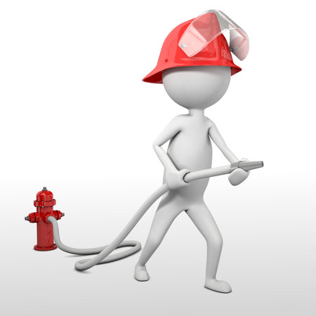 Firefighter in red helmet with a hoseの写真素材