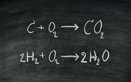 Hand written chemical equation on blackboardの写真素材