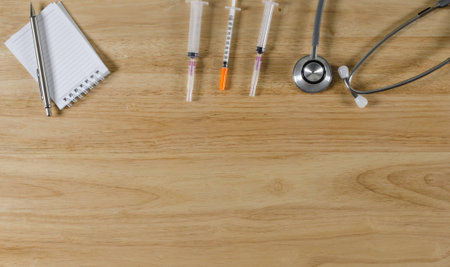 medical instrument with copy space on wooden tableの写真素材