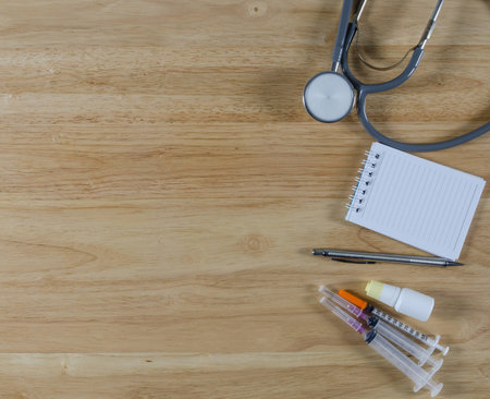 medical concept with copy space on wooden tableの写真素材