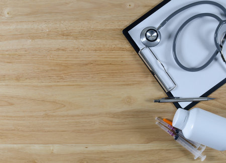 medical concept with copy space on wooden tableの写真素材