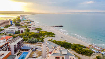 Pomorie,Burgas/Bulgaria - 24 June 2020: Aerial sunset view over the city of Pomorie in summer, one week after restrictions have been lifted due to COVID-19のeditorial素材