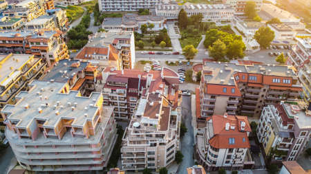 Pomorie,Burgas/Bulgaria - 24 June 2020: Aerial sunset view over the city of Pomorie in summer, one week after restrictions have been lifted due to COVID-19のeditorial素材