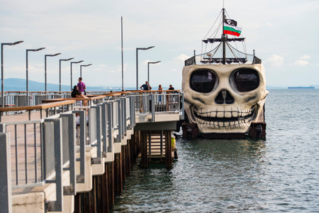 Pomorie,Burgas / Bulgaria: 23 June 2020: View of a tourist fun pirate boat near the Pomorie bridge