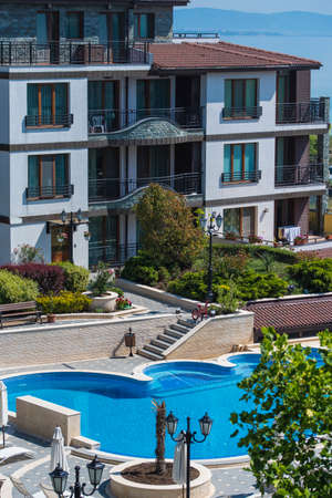 Pomorie, Burgas / Bulgaria - 23 June 2020: View of an empty resort in Pomorie due to recent CODI-19 lifted restrictionsのeditorial素材