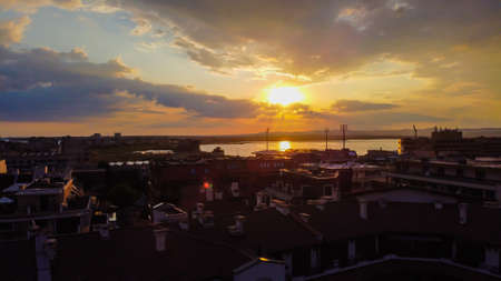 Pomorie,Burgas/Bulgaria - 24 June 2020: Aerial sunset view over the city of Pomorie in summer, one week after restrictions have been lifted due to COVID-19のeditorial素材