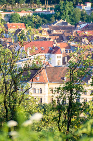 BRASOV, Romania - July 07, 2013: Detailed aerial view made from the Citadel of the old town on July 07 in Brasov, Romaniaのeditorial素材