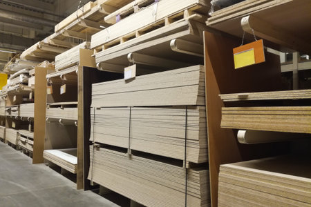 wooden bars at lumber yard of hardware store. Rack of pre-cut panel, mill wood timber, siding,...