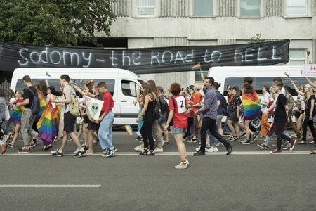 Kyiv/Ukraine - June 23, 2019: The annual Pride Parade LGBT. Gay Pride Parade go against radicals bannerのeditorial素材