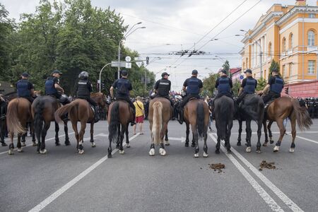 Kyiv, Ukraine - June 23, 2019. Mounted police on the road in the cityのeditorial素材