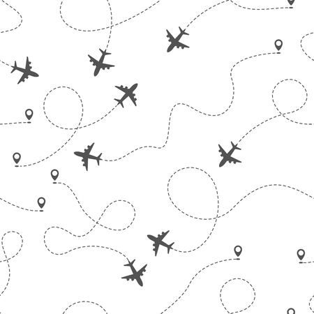 Airplane routes with dotted line, seamless pattern on white backgroundのイラスト素材
